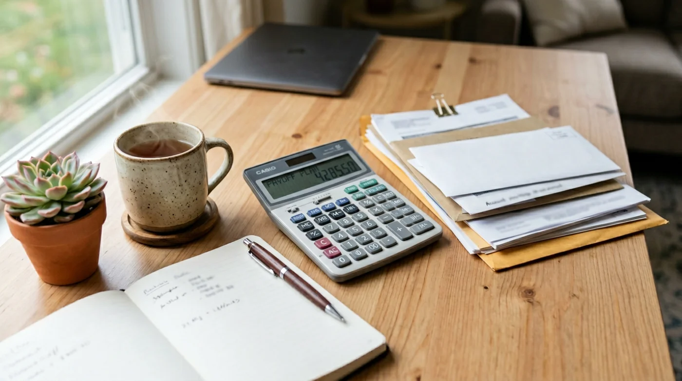 Organised desk with calculator, papers, and tea, suggesting financial planning after debt.